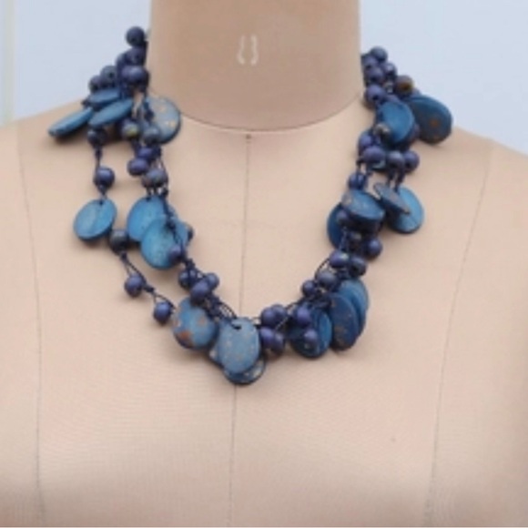 Jewelry - Blue and gold carved beads made from natural bone necklace